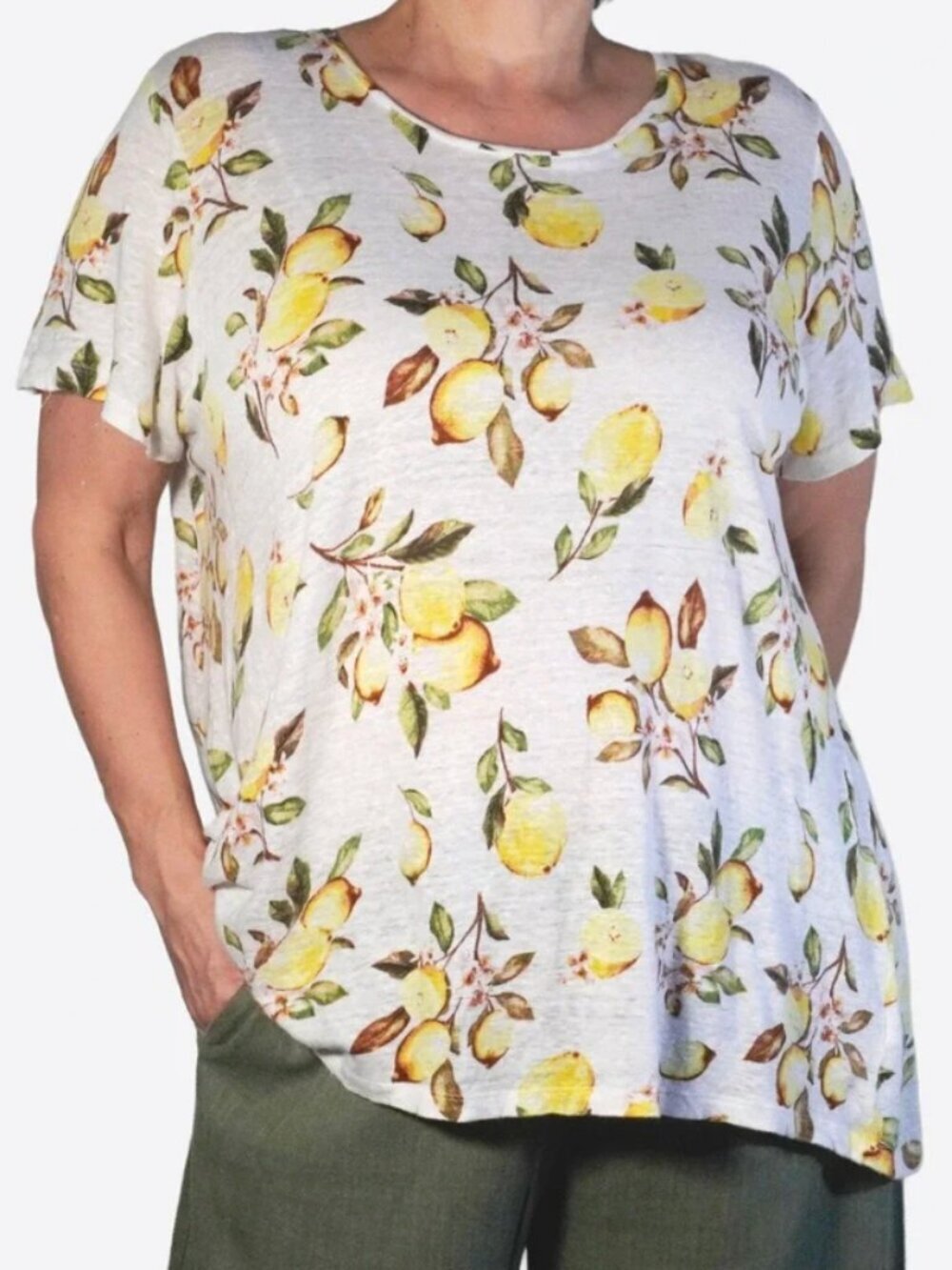 Cynthia Rowley Women's Plus Size 1X Button Back T-Shirt White Yellow Lemon Print